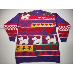 Vintage Womens Rose Sweater Scotty Dog Hearts Bows Purple Red M Busy Loud Granny